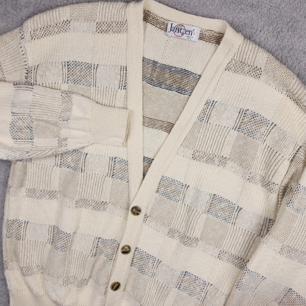 Vtg Jantzen Checkered Patchwork Cardigan Sweater Large Grandpacore Cozy Grunge